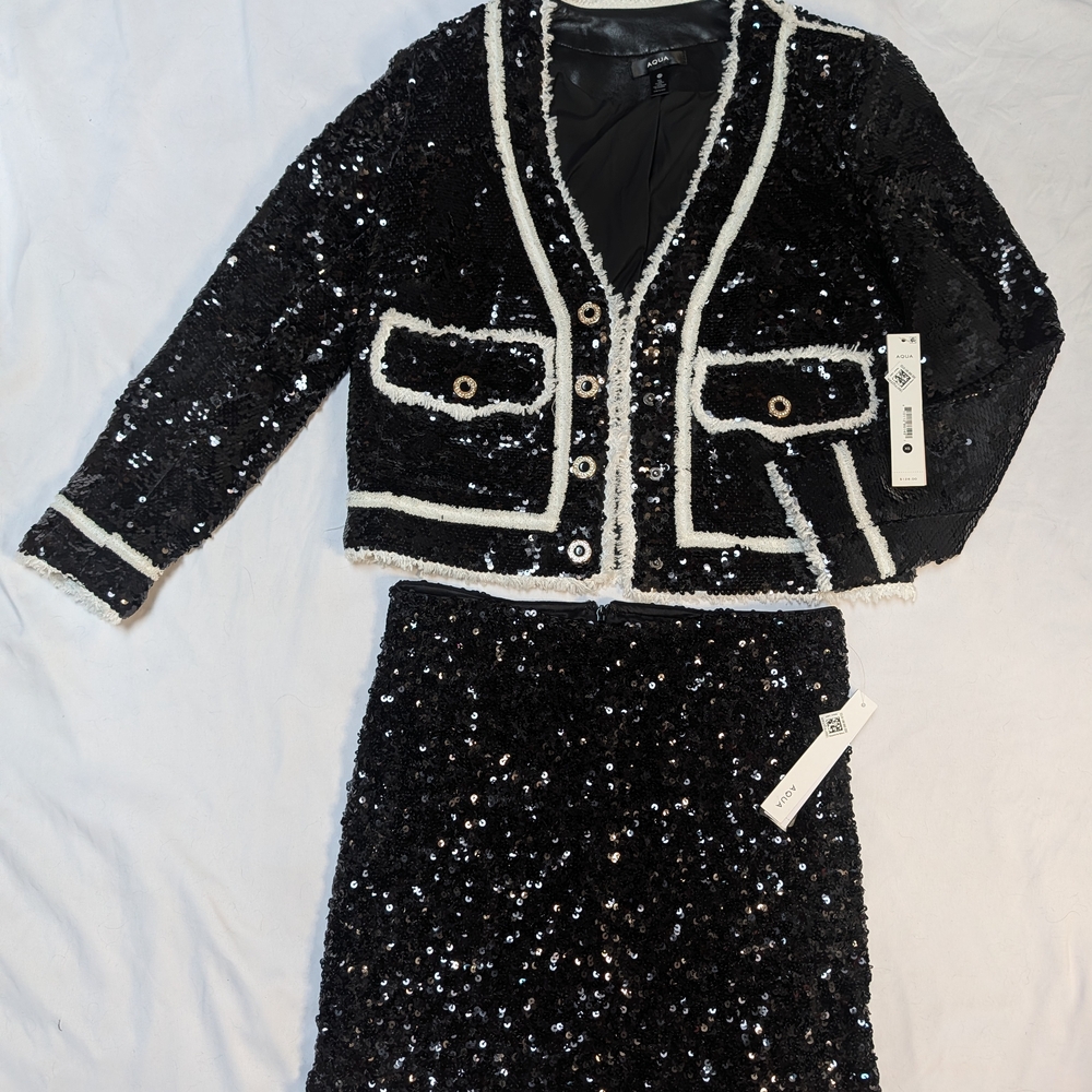 Aqua Black Sequin Jacket with White Trim
